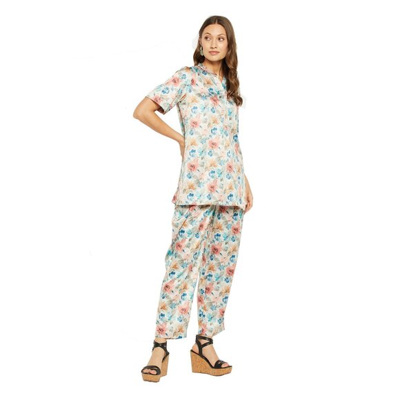 Gypsie Blu Satin Co-Ord Set Floral Printed Pajama Shirt Set 2 Piece for Ladies - Picture 2 of 7